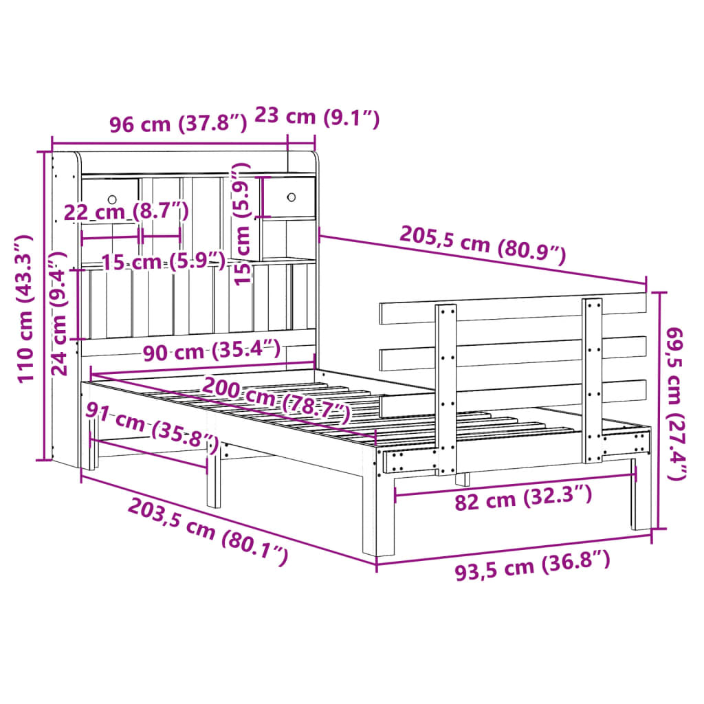 seng med reol uden madras 90x200 cm massivt fyrretræ