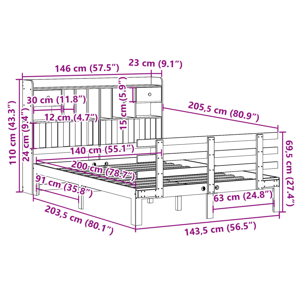 seng med reol uden madras 140x200 cm massivt fyrretræ hvid