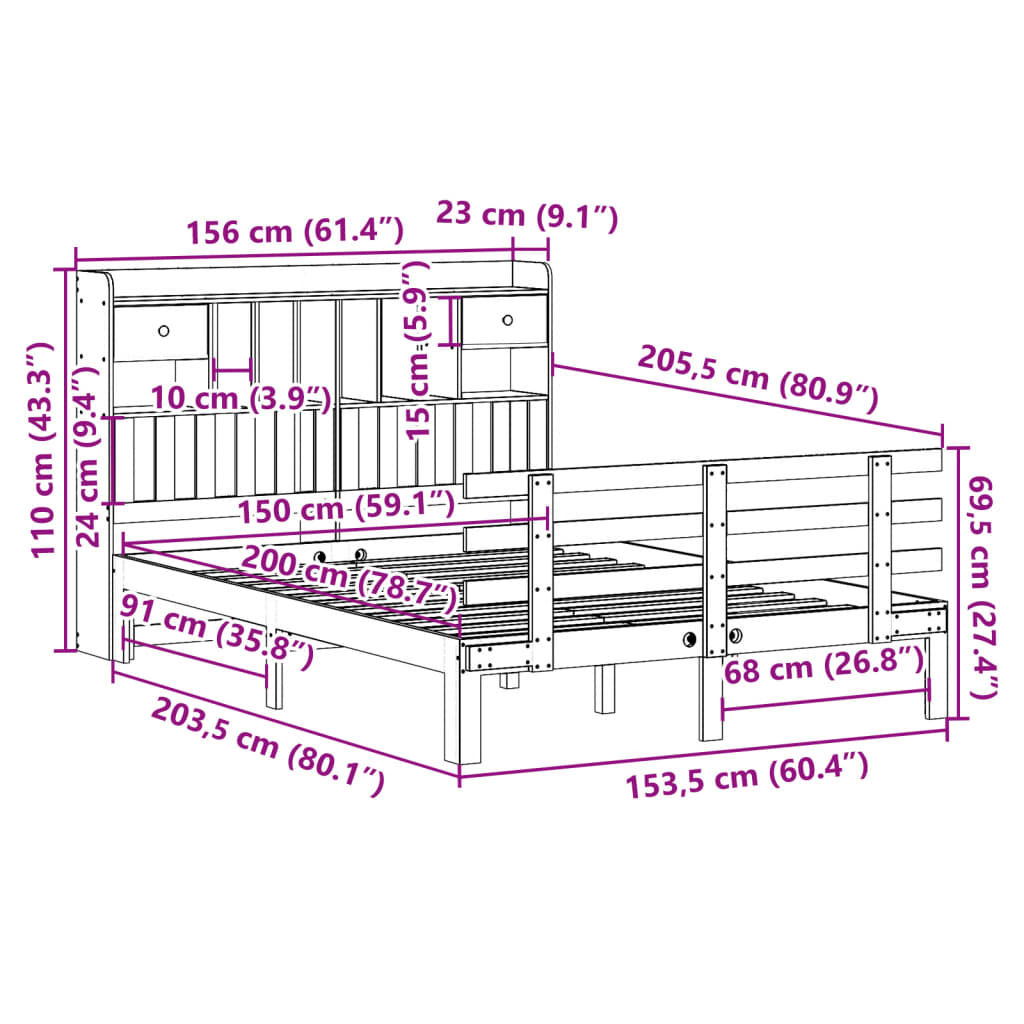 seng med reol uden madras 150x200 cm massivt fyrretræ hvid