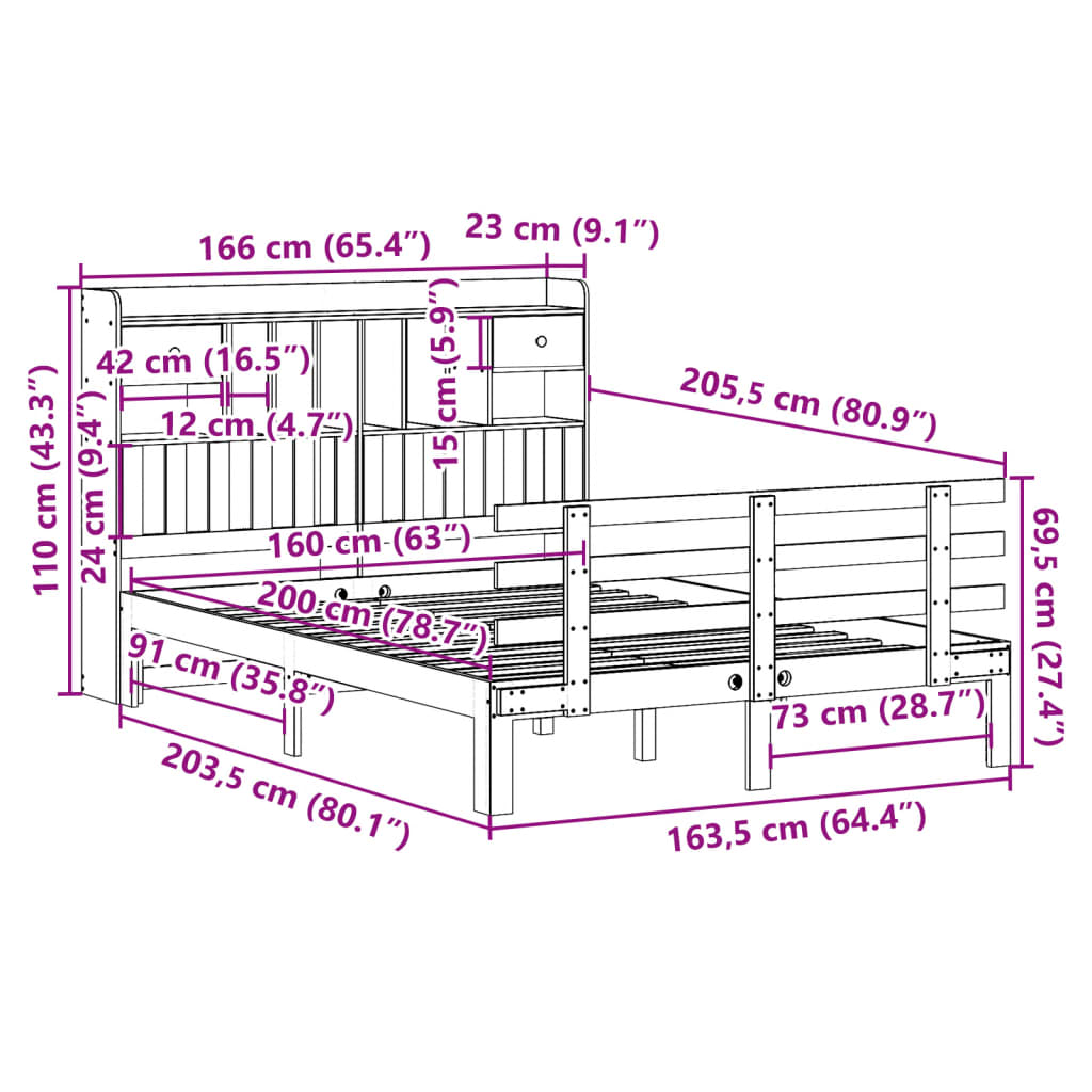 seng med reol uden madras 160x200 cm massivt fyrretræ hvid