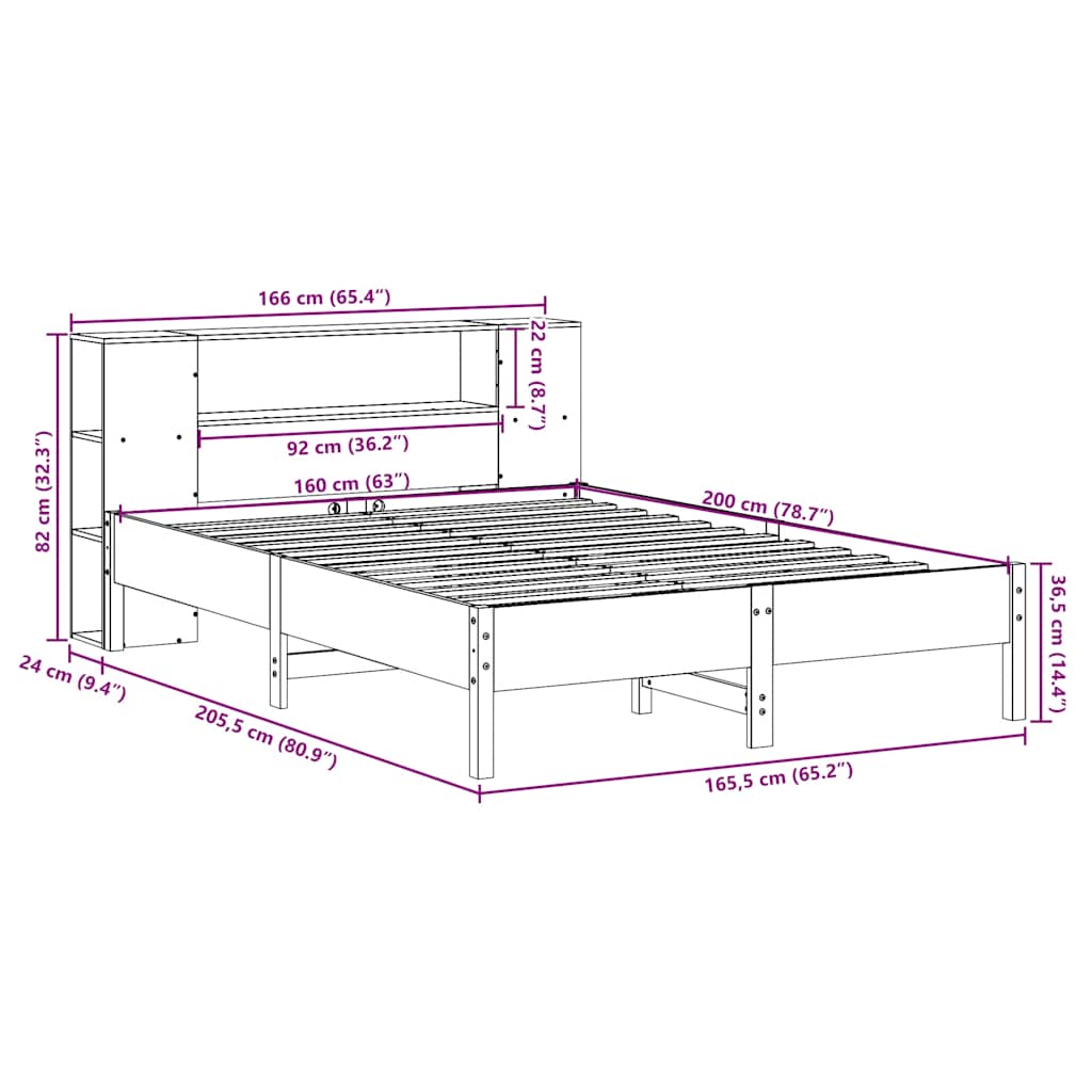 seng med reol uden madras 160x200 cm massivt fyrretræ hvid