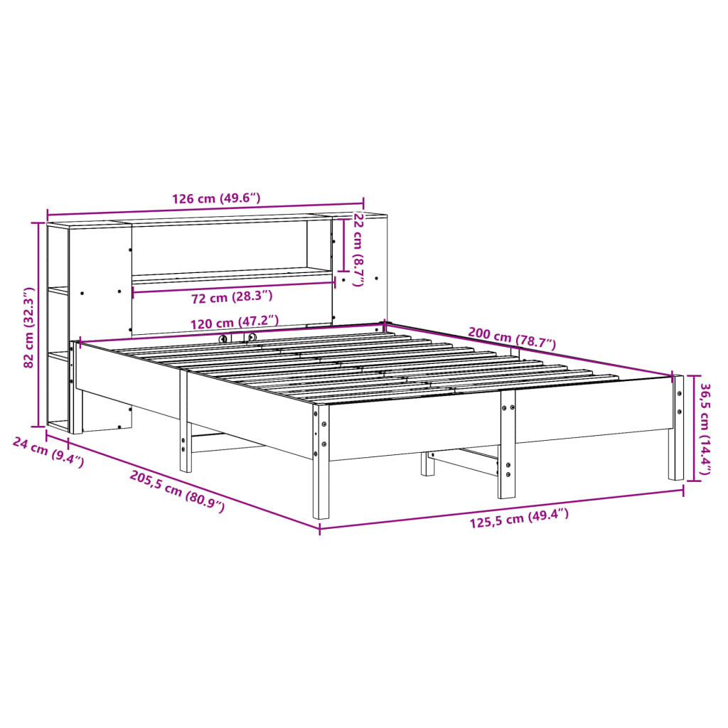 seng med reol uden madras 120x200 cm massivt fyrretræ hvid