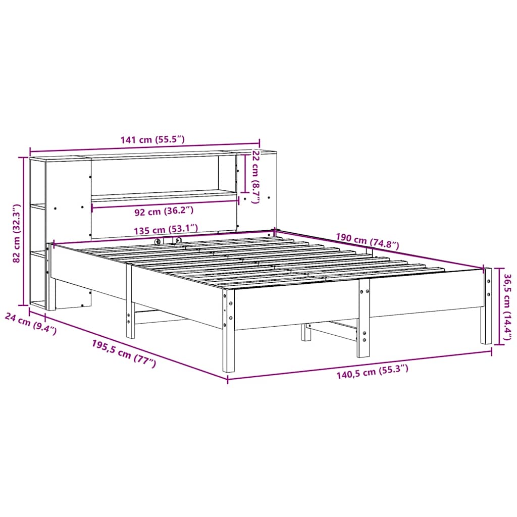 seng med reol uden madras 135x190 cm massivt fyrretræ
