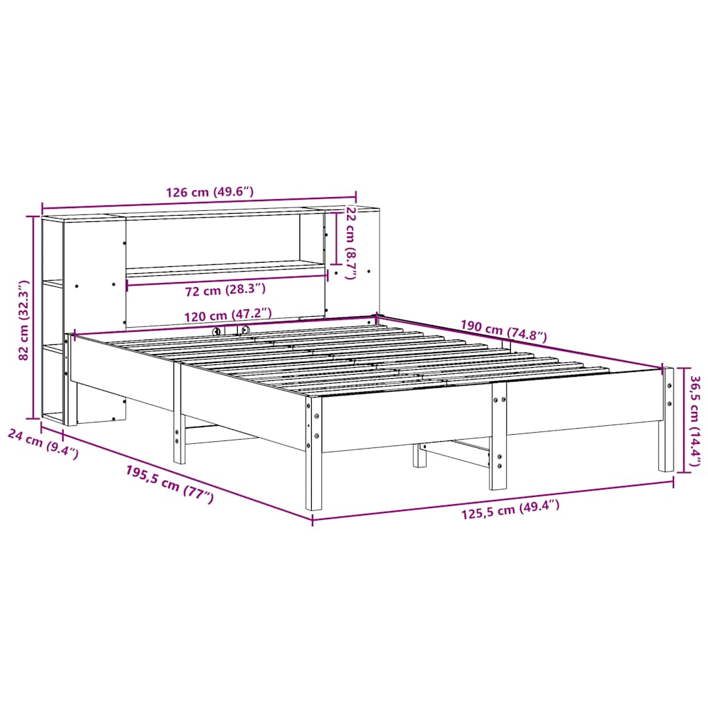 seng med reol uden madras 120x190 cm massivt fyrretræ hvid