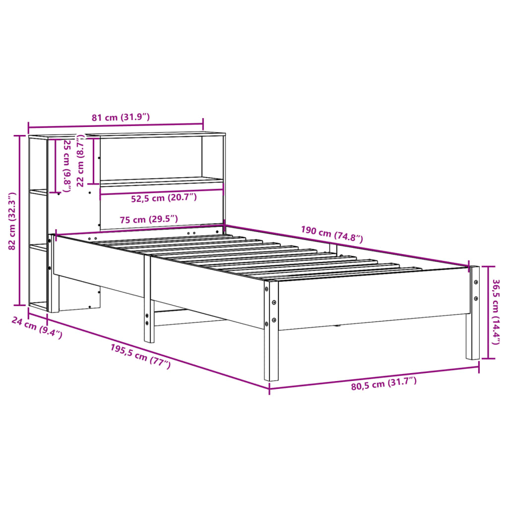 seng med reol uden madras 75x190 cm massivt fyrretræ