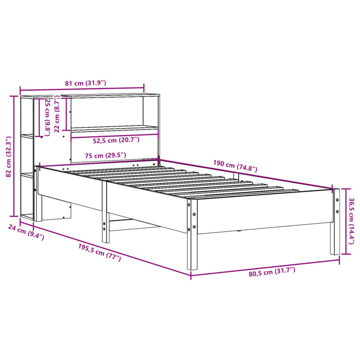 seng med reol uden madras 75x190 cm massivt fyrretræ