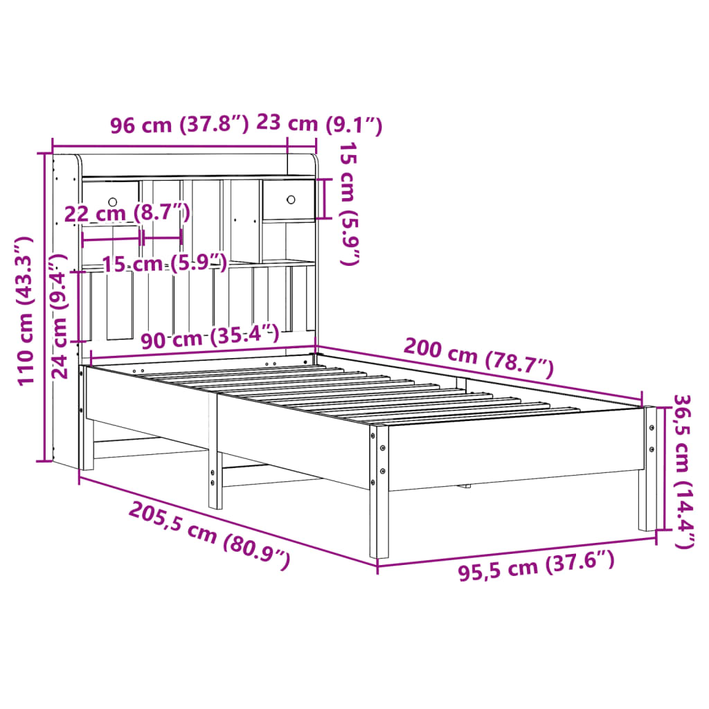 seng med reol uden madras 90x200 cm massivt fyrretræ hvid