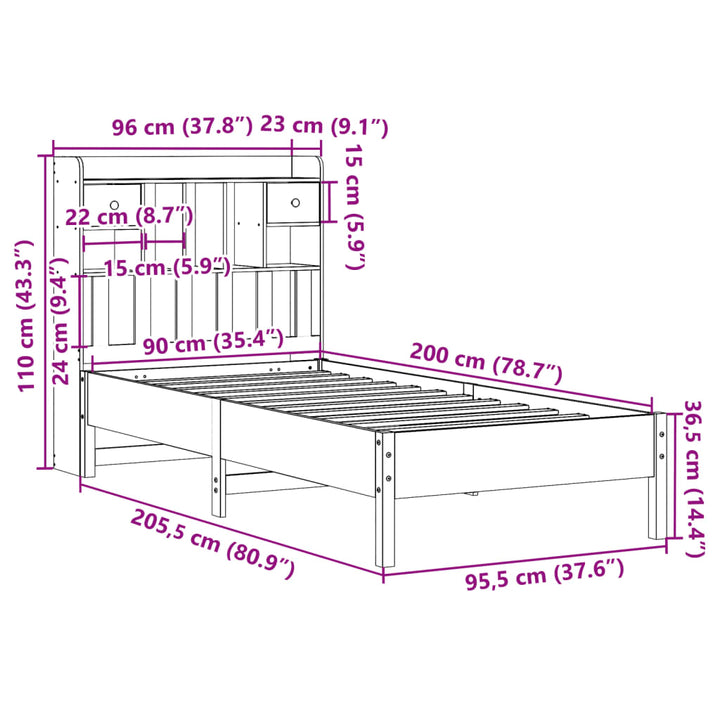 seng med reol uden madras 90x200 cm massivt fyrretræ hvid