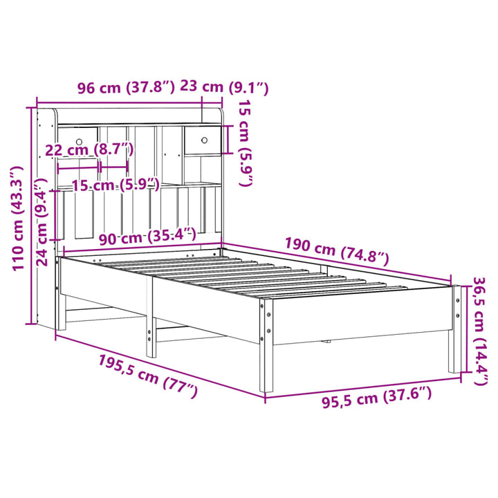 seng med reol uden madras 90x190 cm massivt fyrretræ hvid
