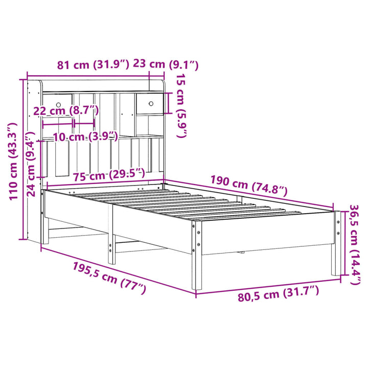 seng med reol uden madras 75x190 cm massivt fyrretræ