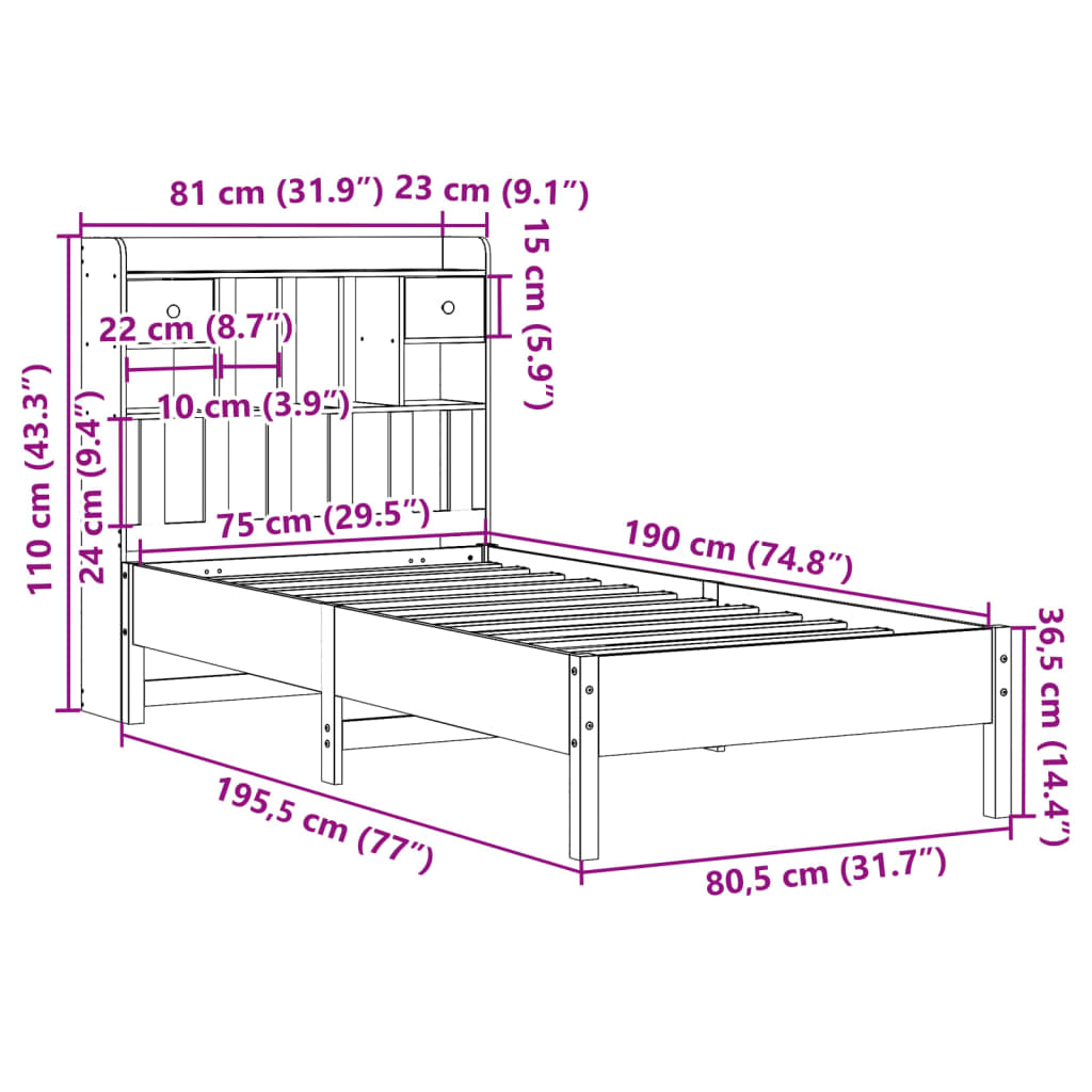 seng med reol uden madras 75x190 cm massivt fyrretræ hvid