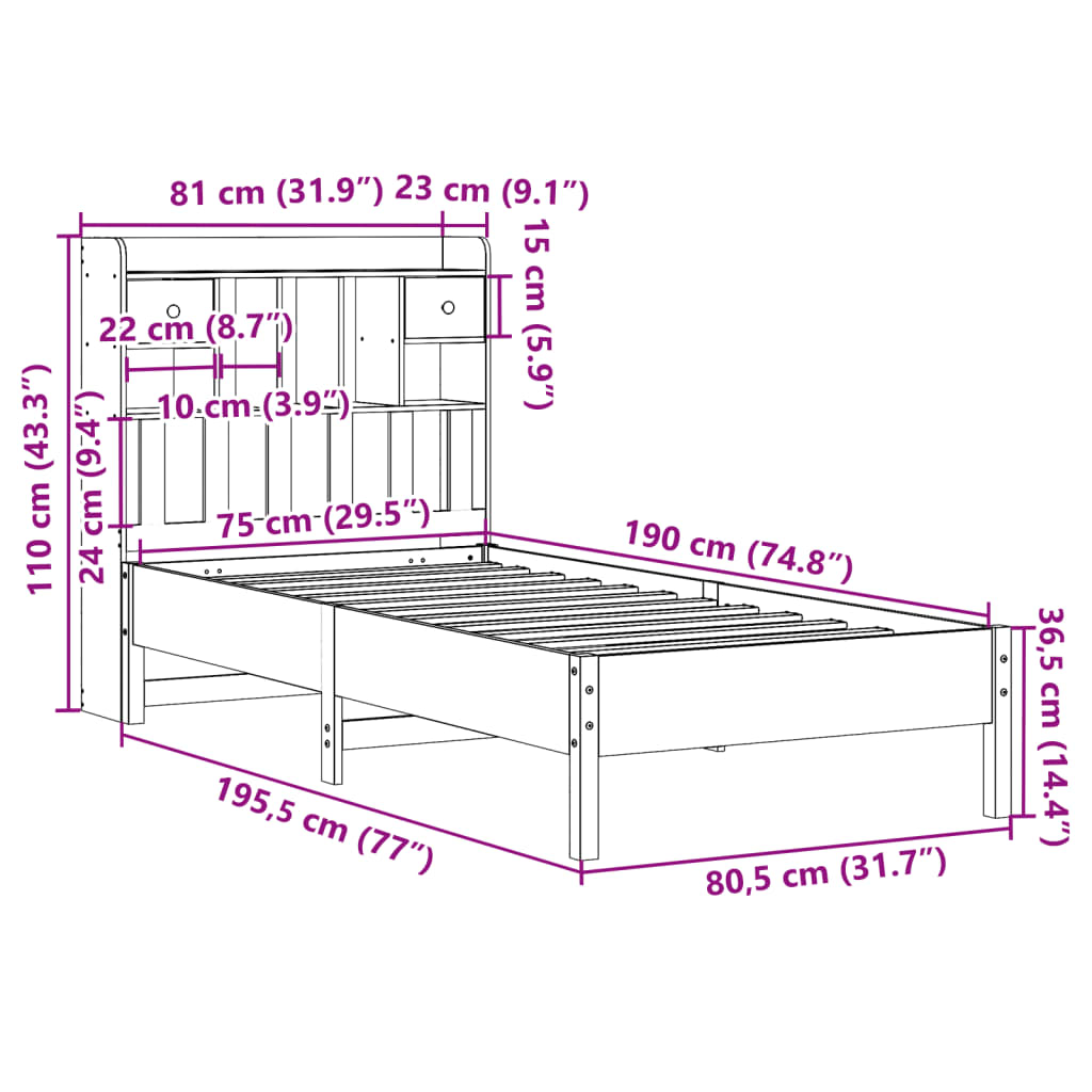 seng med reol uden madras 75x190 cm massivt fyrretræ gyldenbrun