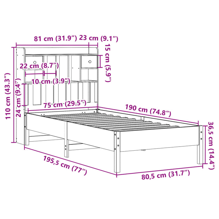 seng med reol uden madras 75x190 cm massivt fyrretræ gyldenbrun