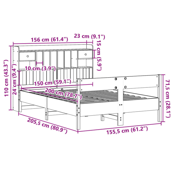 seng med reol uden madras 150x200 cm massivt fyrretræ hvid