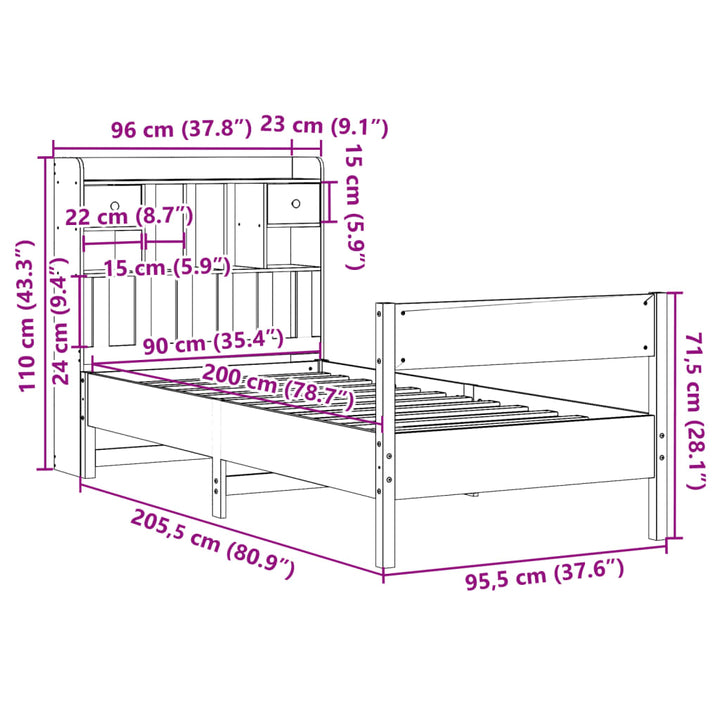 seng med reol uden madras 90x200 cm massivt fyrretræ hvid
