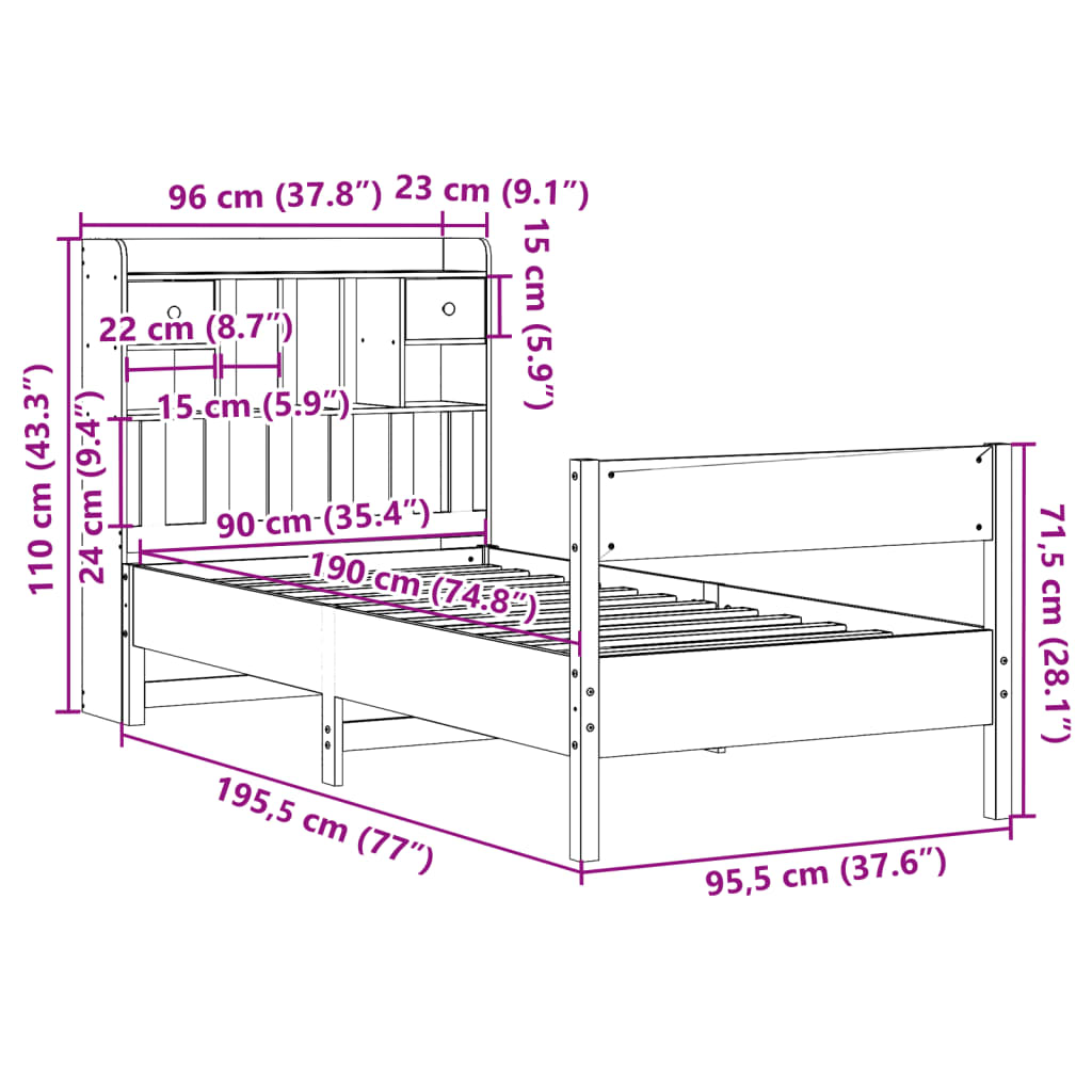 seng med reol uden madras 90x190 cm massivt fyrretræ hvid