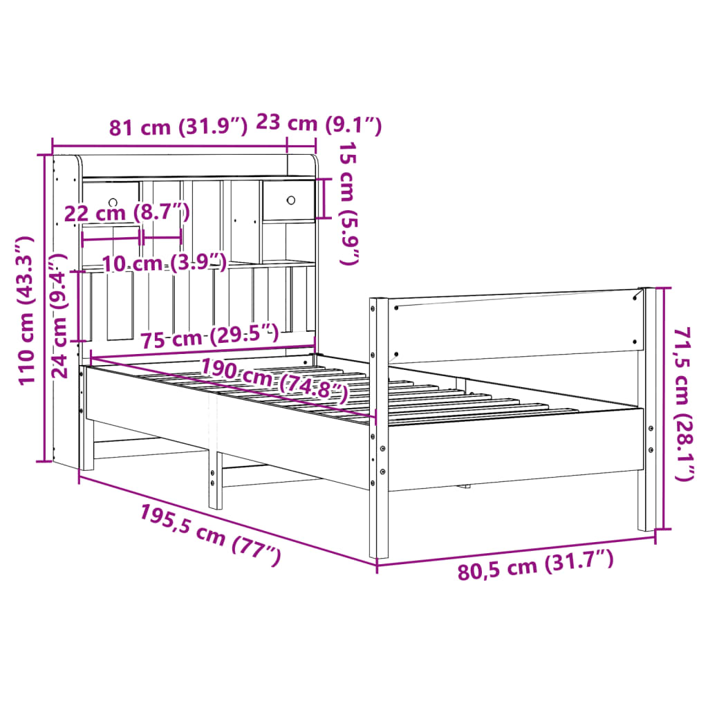 seng med reol uden madras 75x190 cm massivt fyrretræ gyldenbrun