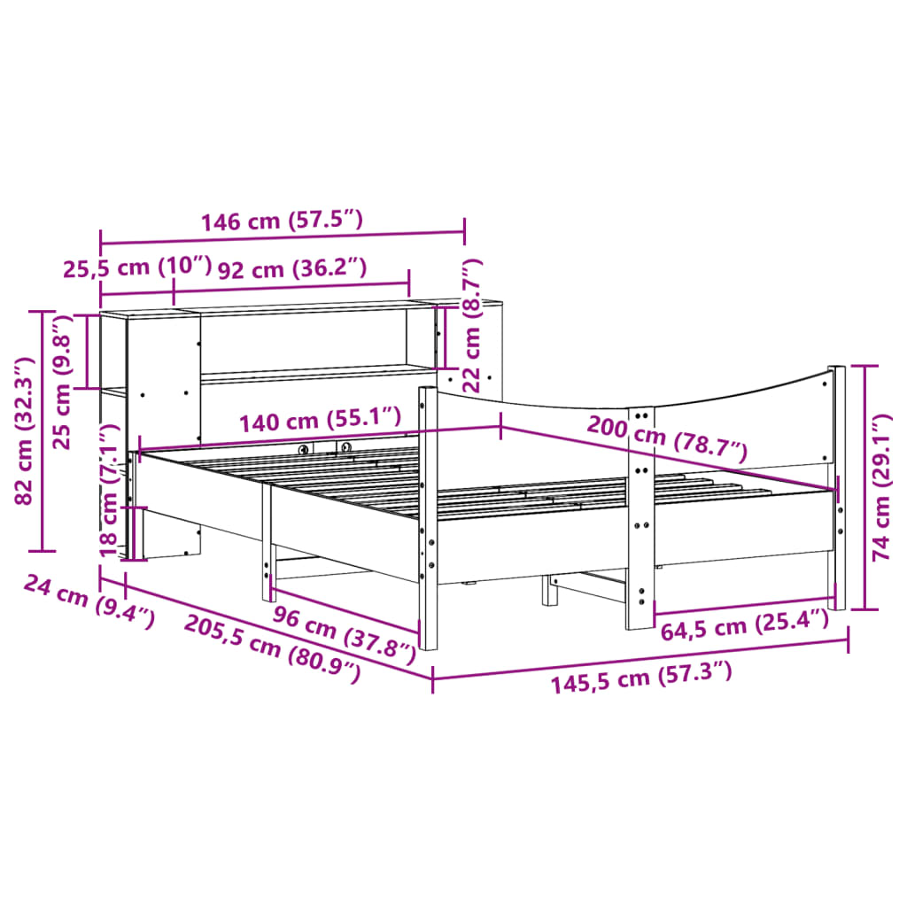 sengeramme uden madras 140x200 cm massivt fyrretræ hvid