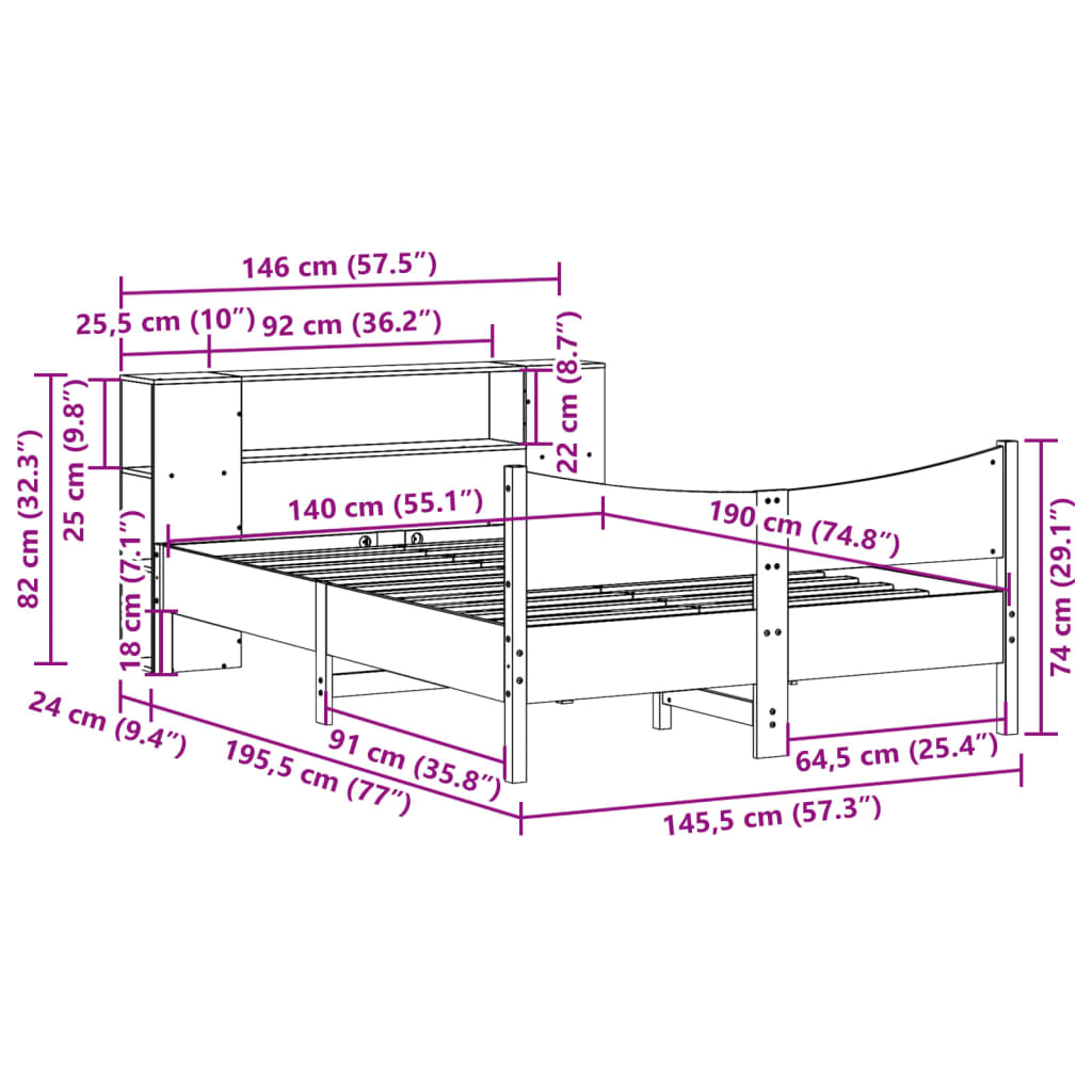 sengeramme uden madras 140x190 cm massivt fyrretræ hvid