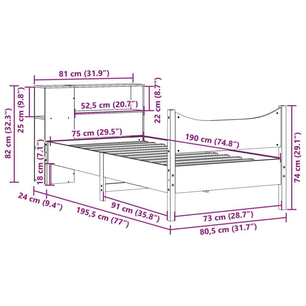 sengeramme uden madras 75x190 cm massivt fyrretræ gyldenbrun