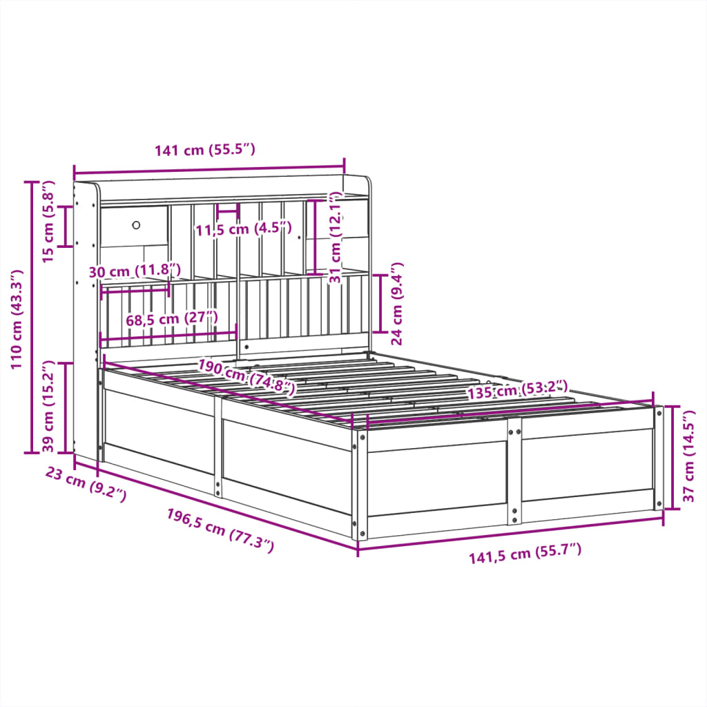 sengeramme uden madras 135x190 cm massivt fyrretræ hvid