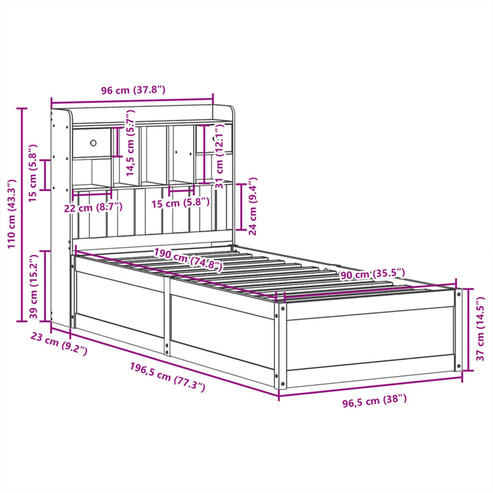 sengeramme uden madras 90x190 cm massivt fyrretræ hvid