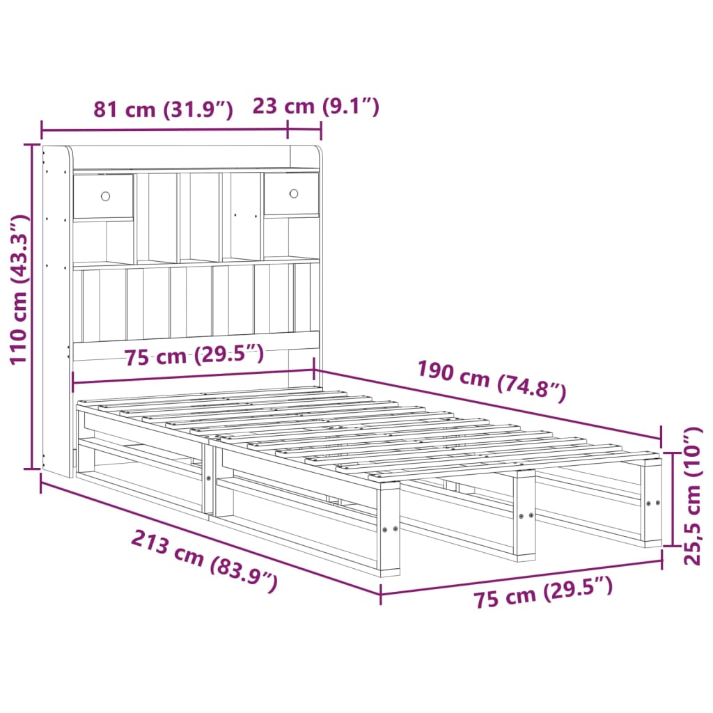 seng med reol uden madras 75x190 cm massivt fyrretræ gyldenbrun