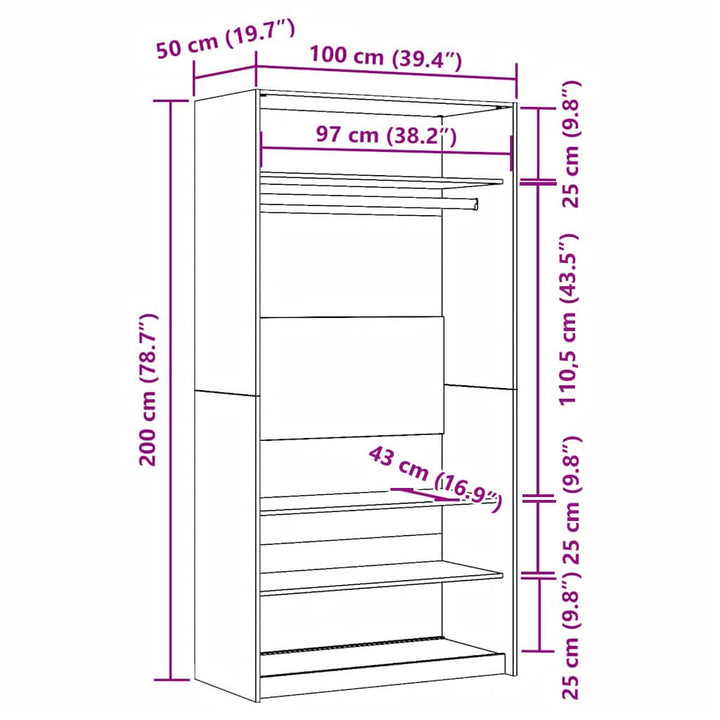 klædeskab 100x50x200 cm konstrueret træ gammelt trælook