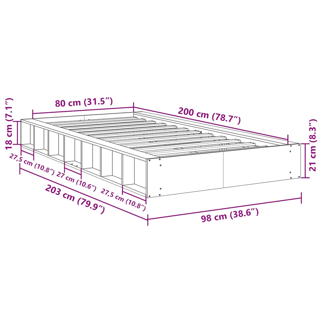 Sengeramme uden madras 80x200 cm Massivt træ Eg