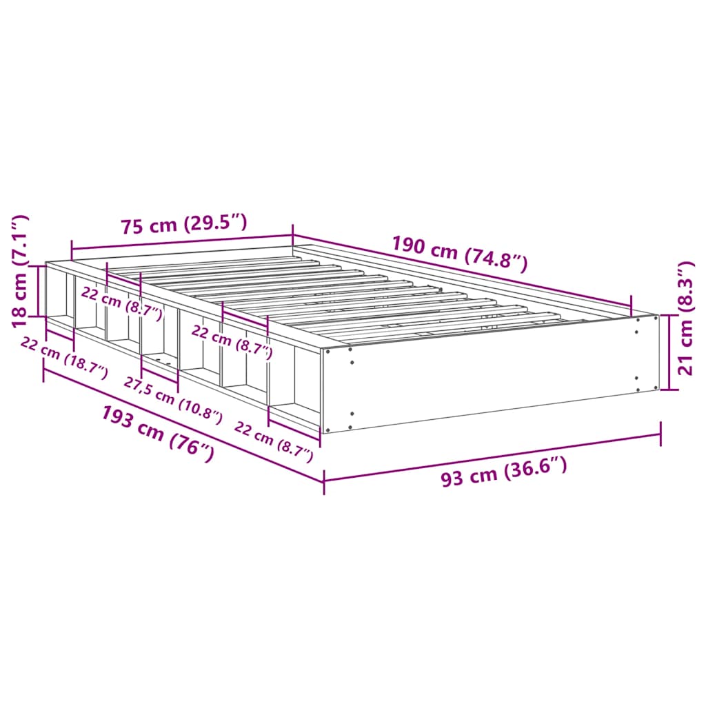 Sengeramme uden madras 75x190 cm Massivt træ Eg