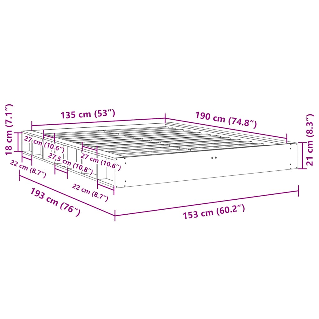 Sengeramme uden madras 135x190 cm Massivt træ Eg