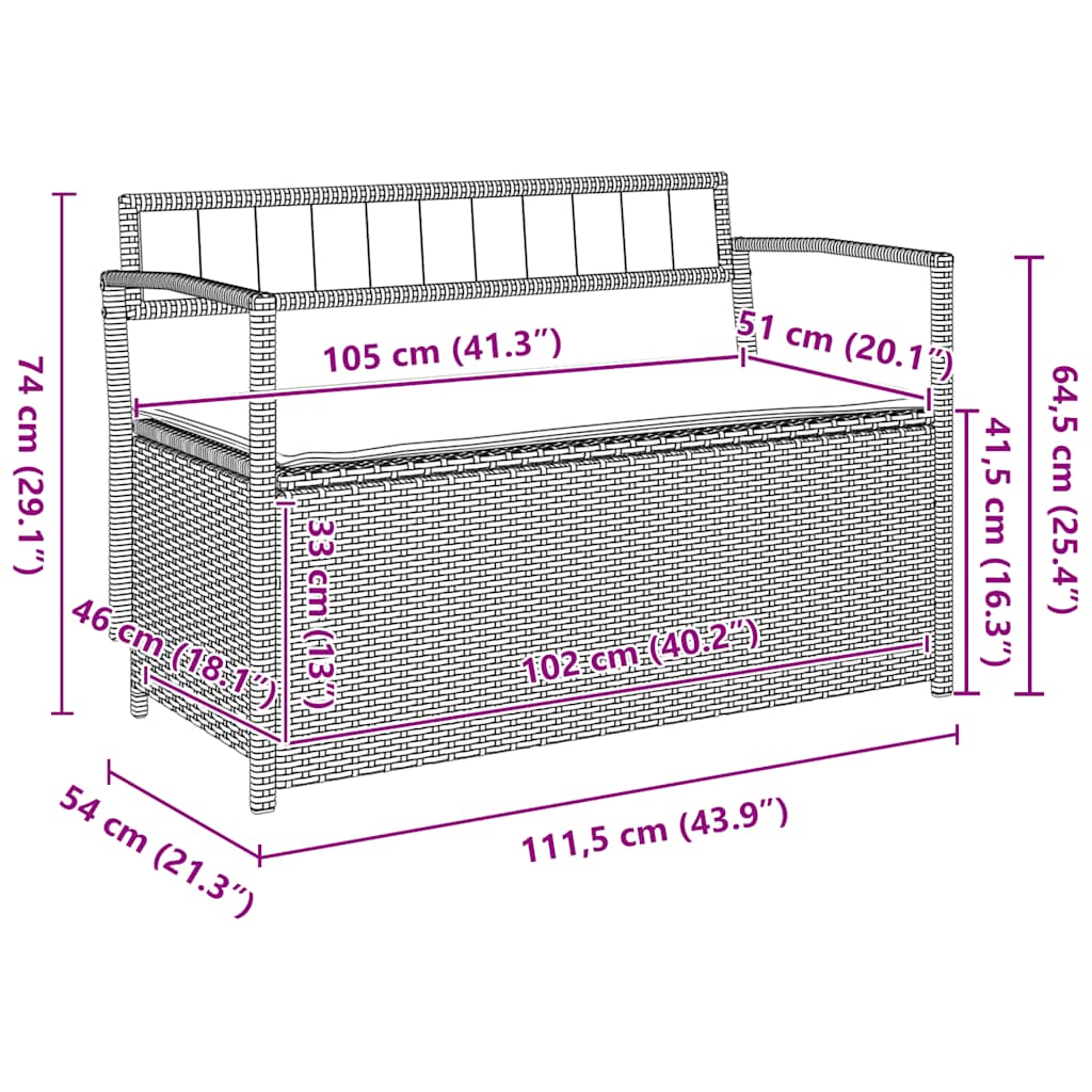 opbevaringsbænk til haven med hynde polyrattan grå