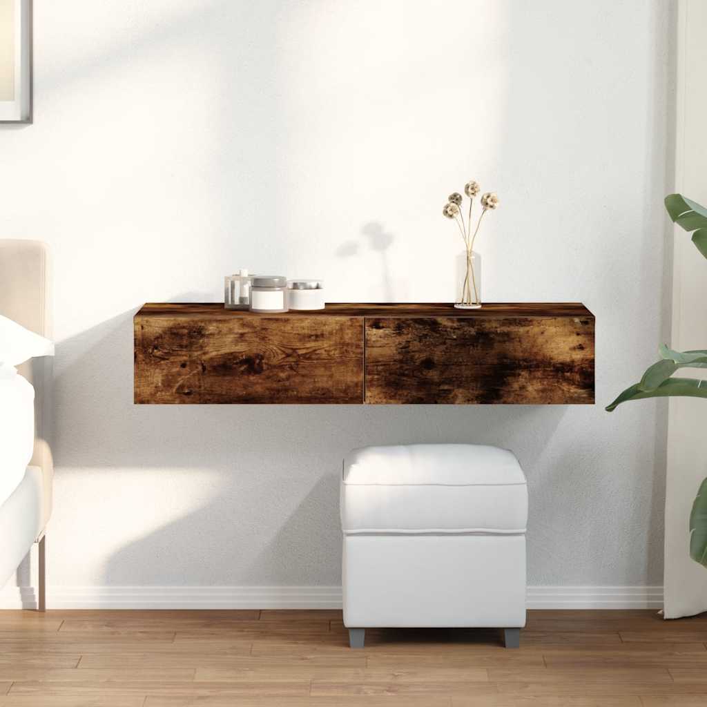 væghylde med skuffer 100x36x19 cm konstrueret træ røget eg