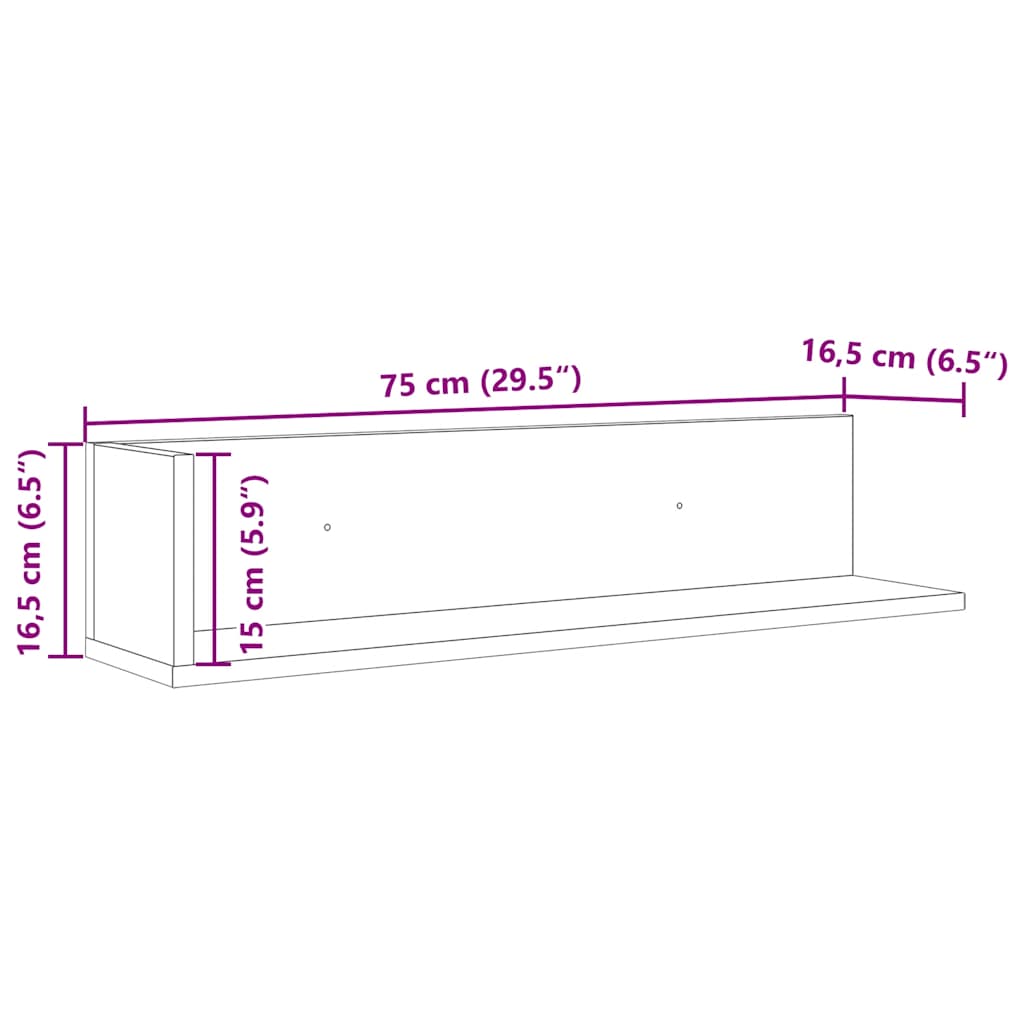 væghylder 2 stk. 75x16,5x16,5 cm konstrueret træ sonoma-eg