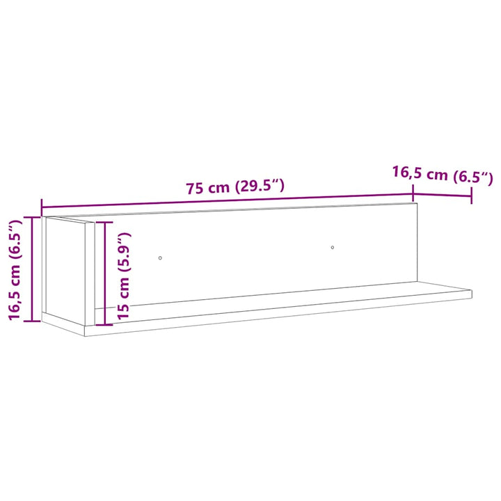 væghylder 2 stk. 75x16,5x16,5 cm konstrueret træ sonoma-eg