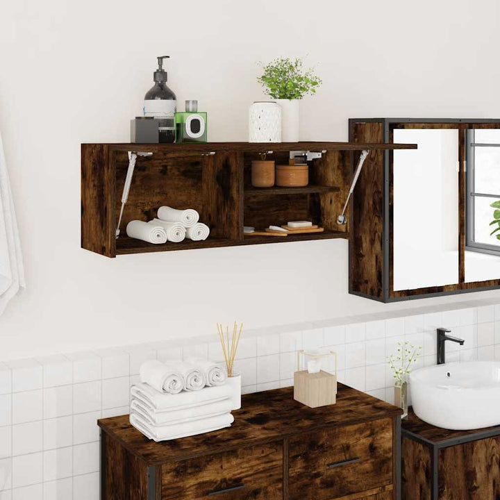 væghængt badeværelsesskab 80x25x30 cm konstrueret træ røget eg
