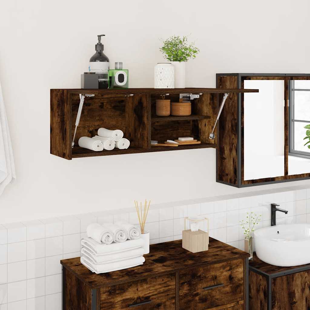 væghængt badeværelsesskab 80x25x30 cm konstrueret træ røget eg