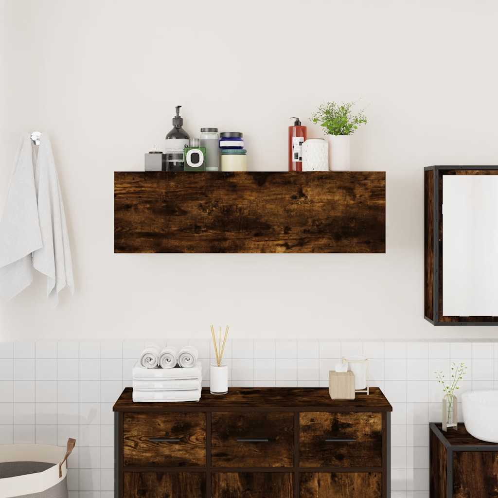 væghængt badeværelsesskab 100x25x30 cm konstrueret træ røget eg