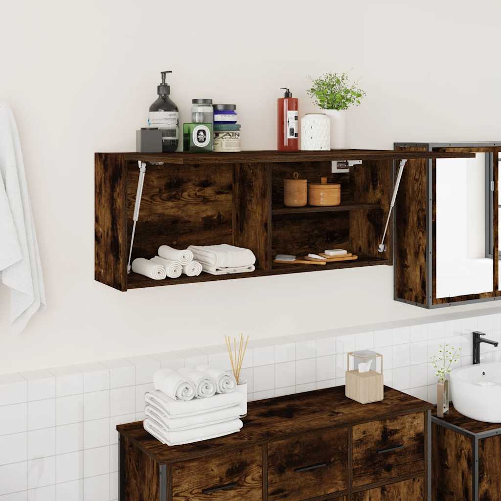 væghængt badeværelsesskab 100x25x40 cm konstrueret træ røget eg