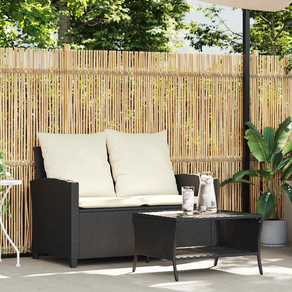 2-personers sofa med hynder og bord polyrattan sort