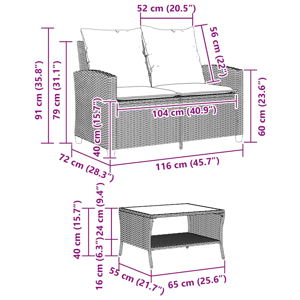 2-personers sofa med hynder og bord polyrattan sort