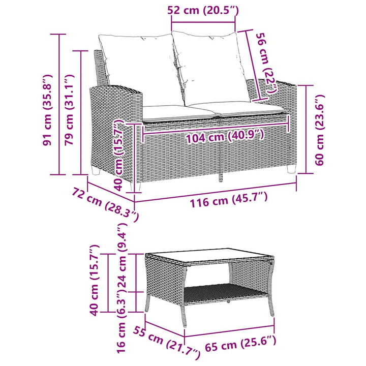 2-personers sofa med hynder og bord polyrattan brun
