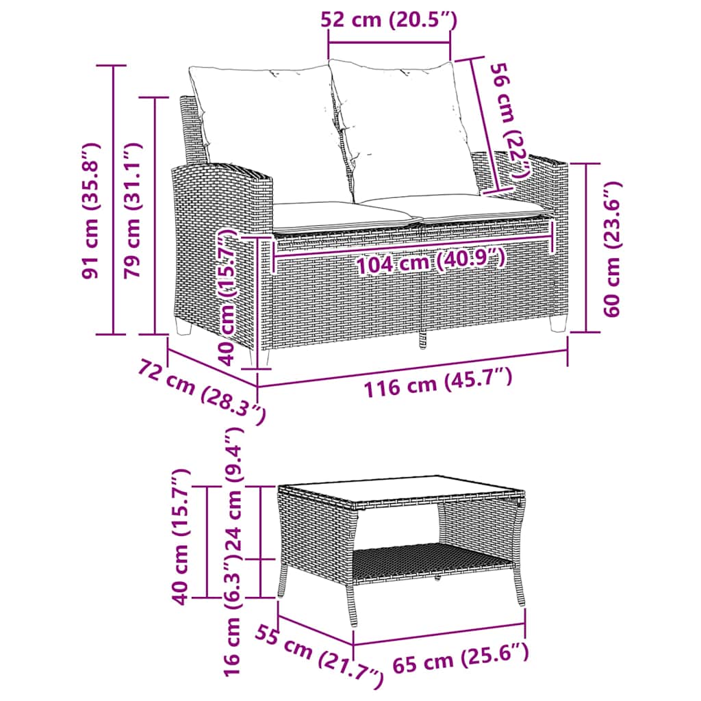 2-personers sofa med hynder og bord polyrattan beige