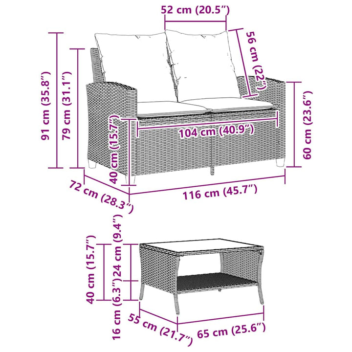2-personers sofa med hynder og bord polyrattan beige