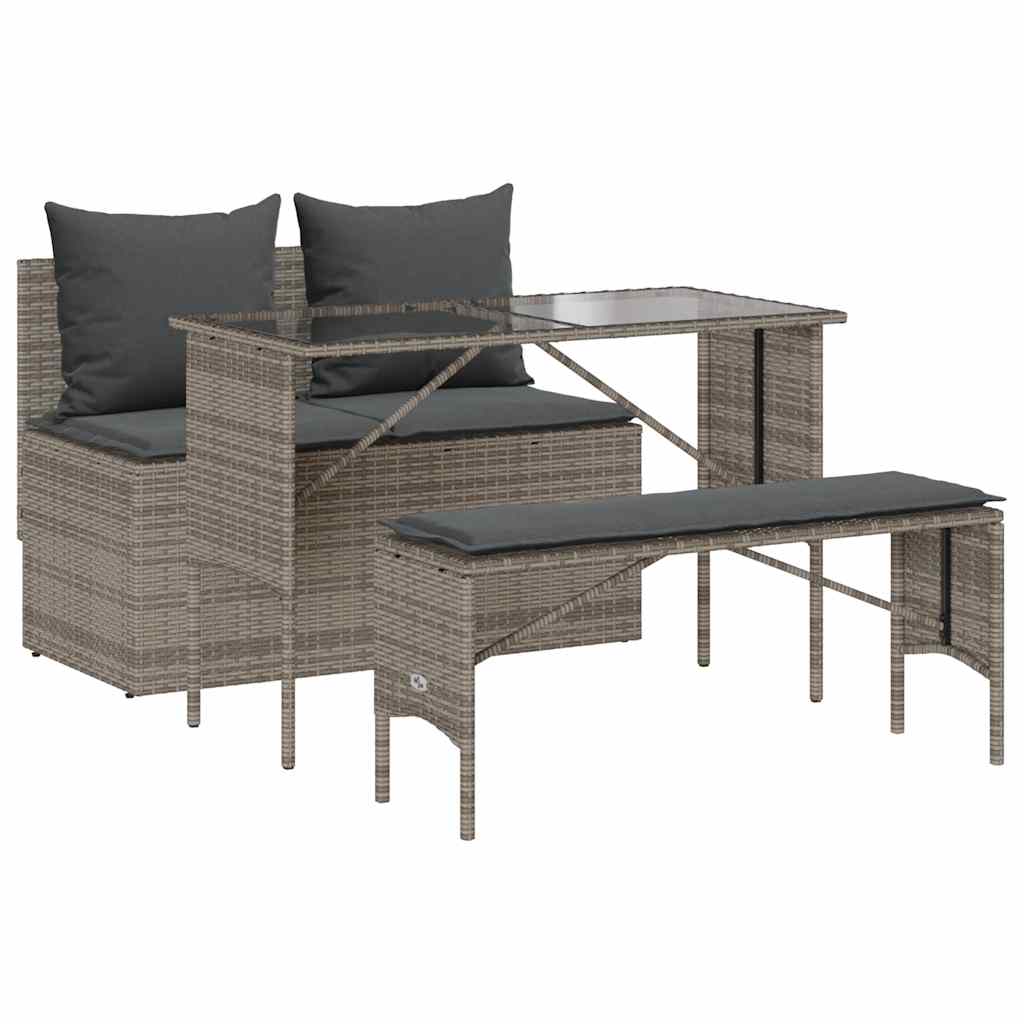 spisebordssæt til haven 3 dele med hynder polyrattan grå