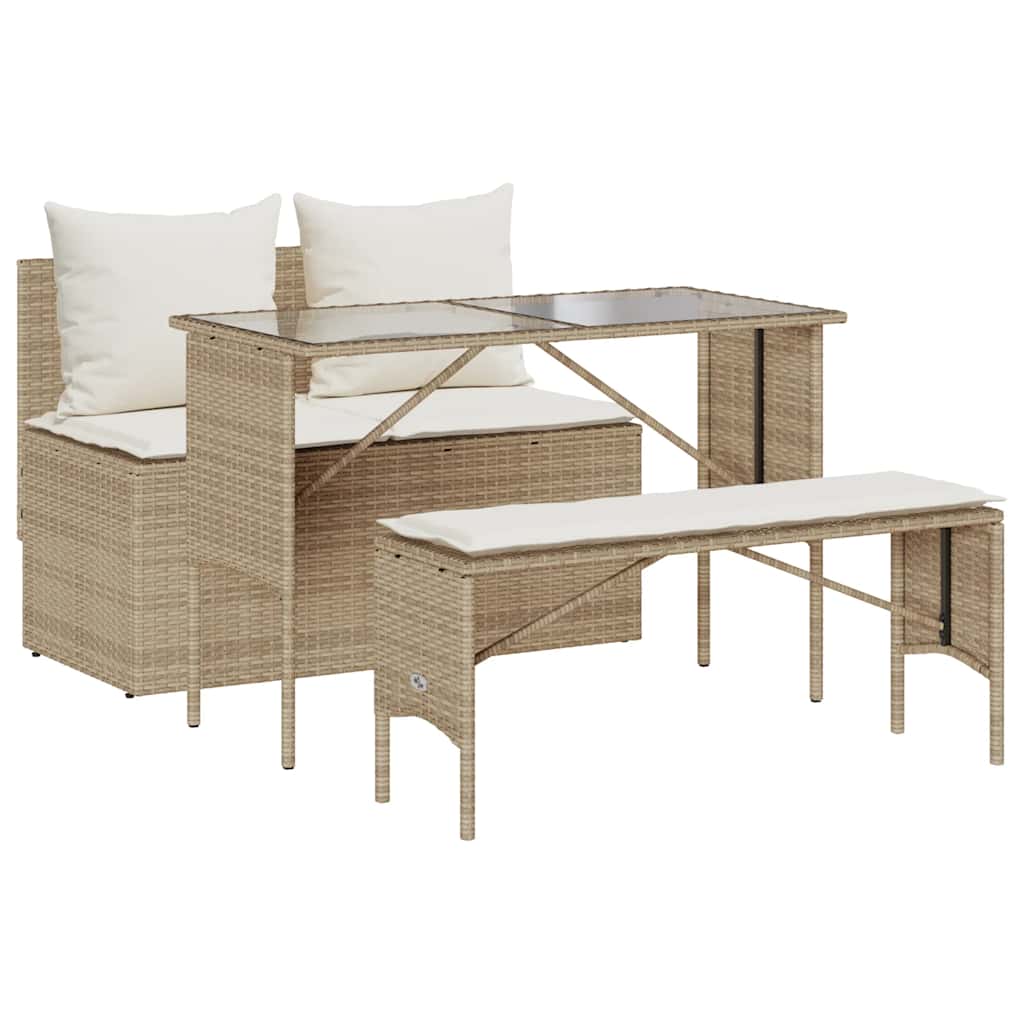 spisebordssæt til haven 3 dele med hynder polyrattan beige