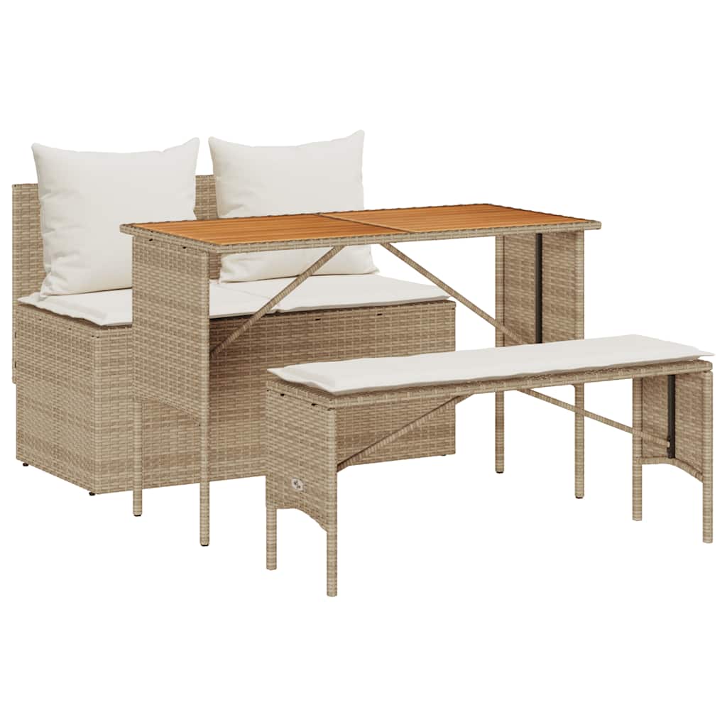 spisebordssæt til haven 3 dele med hynder polyrattan beige