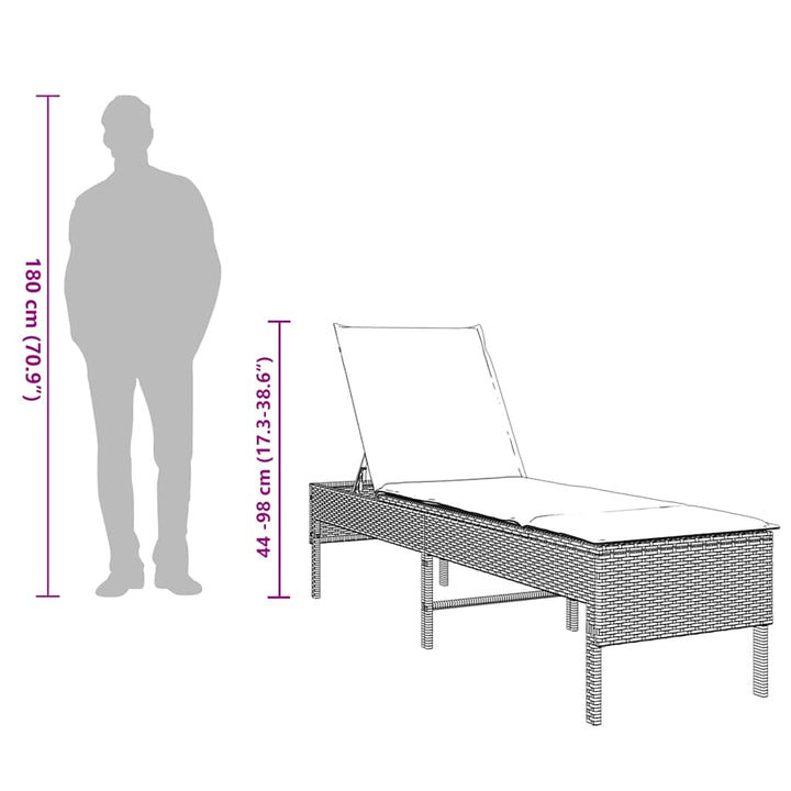 liggestol med hynde 55x200x44 cm polyrattan grå