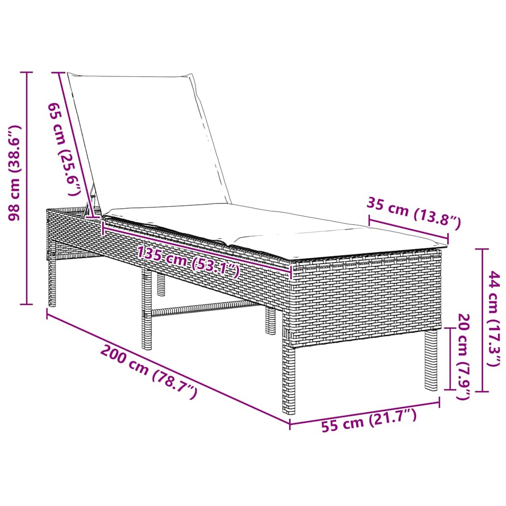 liggestol med hynde 55x200x44 cm polyrattan beige