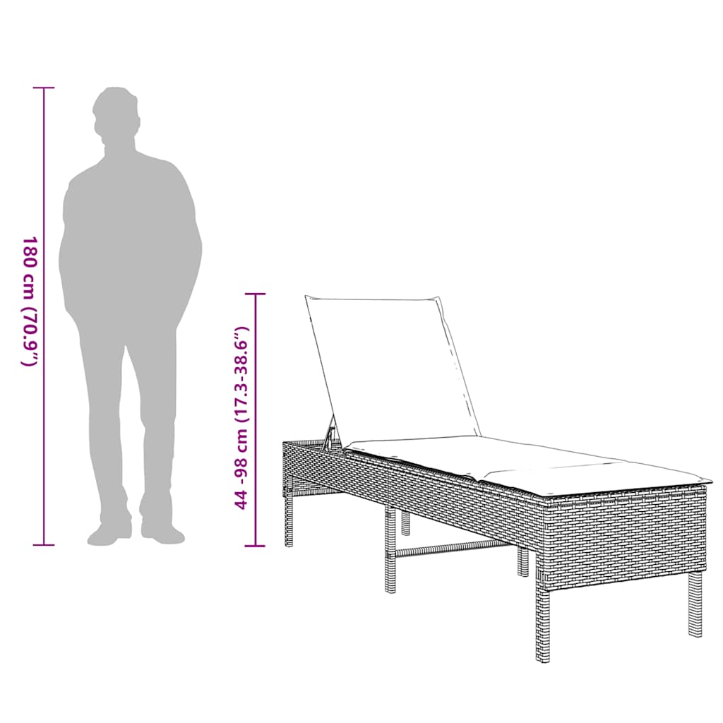 liggestol med hynde 55x200x44 cm polyrattan grå